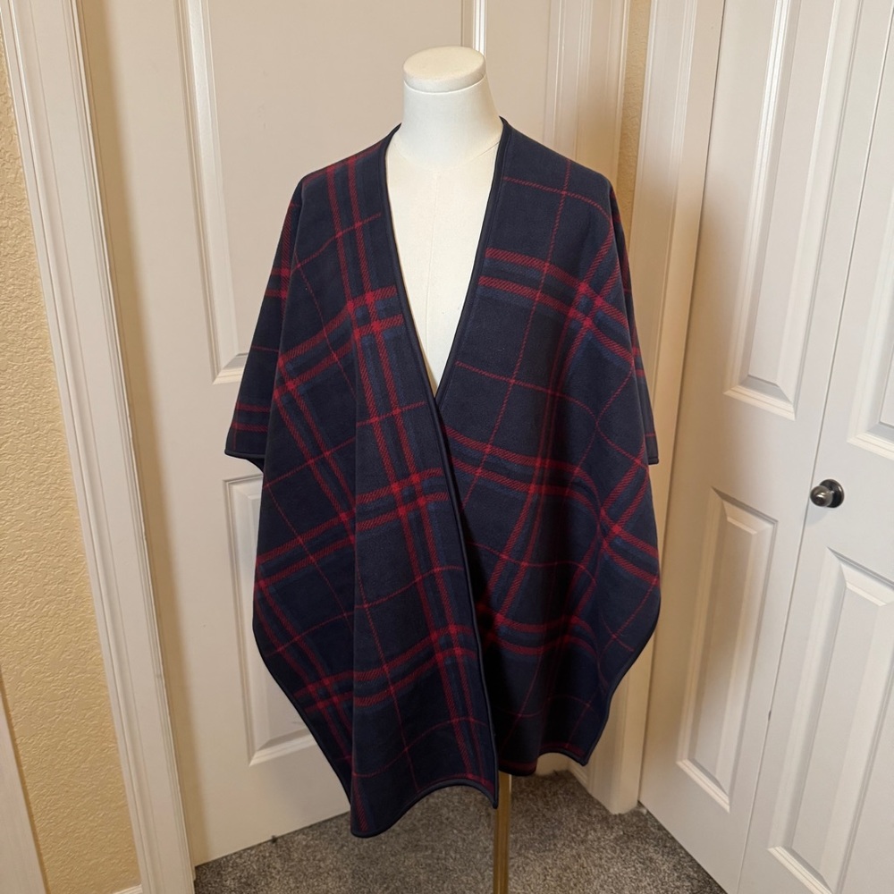Ike Behar Fashion Wrap Reversible Poncho Cape Plaid Red Blue One Size